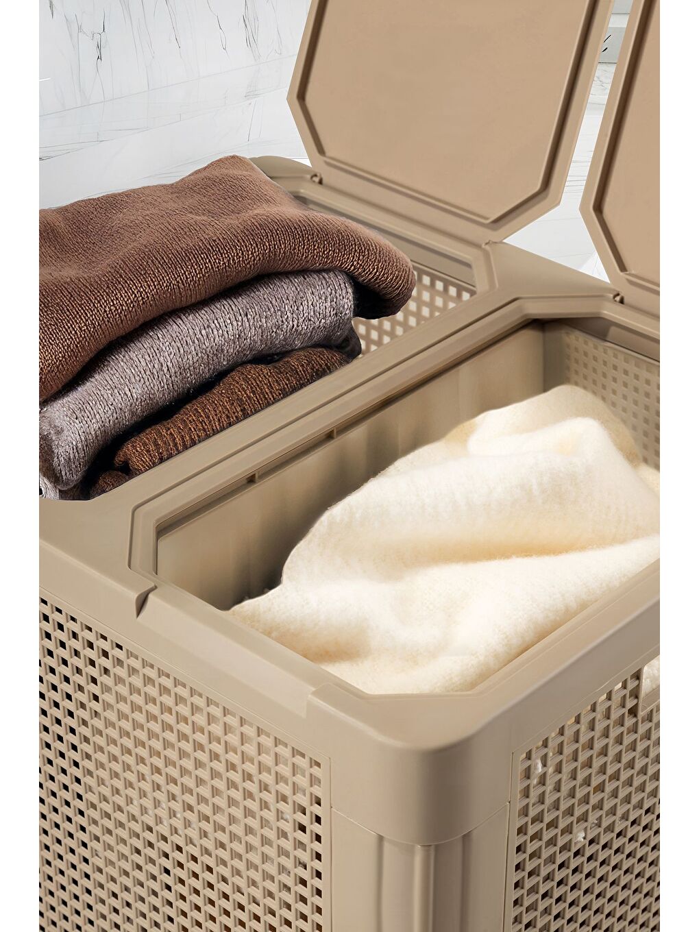 Kahverengi SmartDuo İki Bölmeli Çamaşır Sepeti 84Lt-2