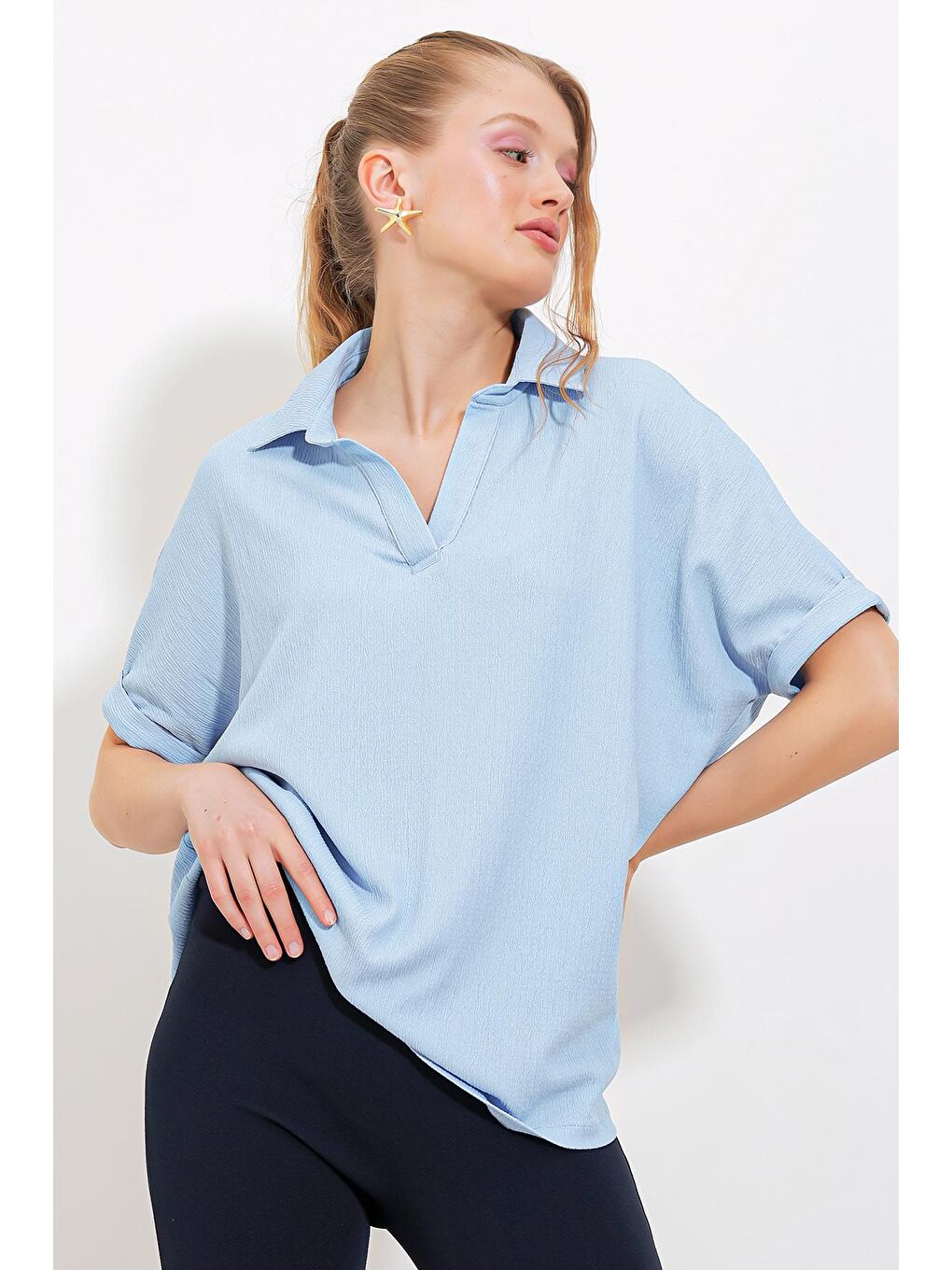 Kadın Mavi Oversize Polo Yaka Örme Bluz 0486-1