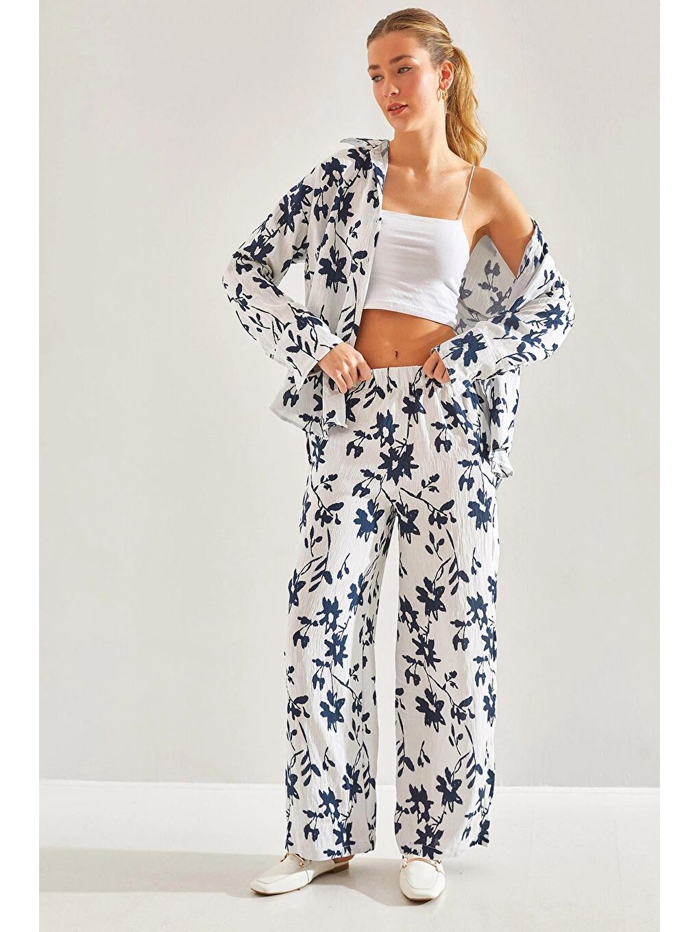 Ekru Kadın Beli Lastikli Pantolonlu Desenli Alt Üst Takım 60181002