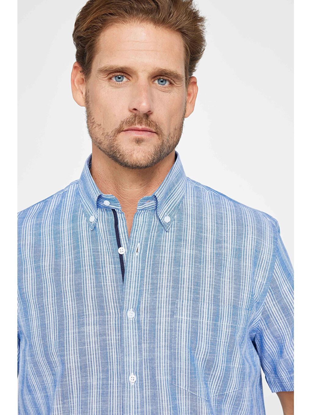 Karışık Erkek Regular Fit Klasik Kesim %100 Pamuk Keten Doku Tek Cepli Çizgili Düğmeli Yaka Gömlek-2