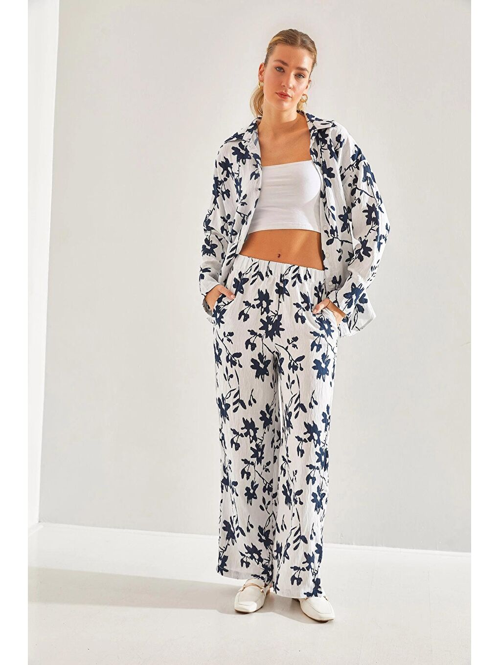 Ekru Kadın Beli Lastikli Pantolonlu Desenli Alt Üst Takım 60181002-1