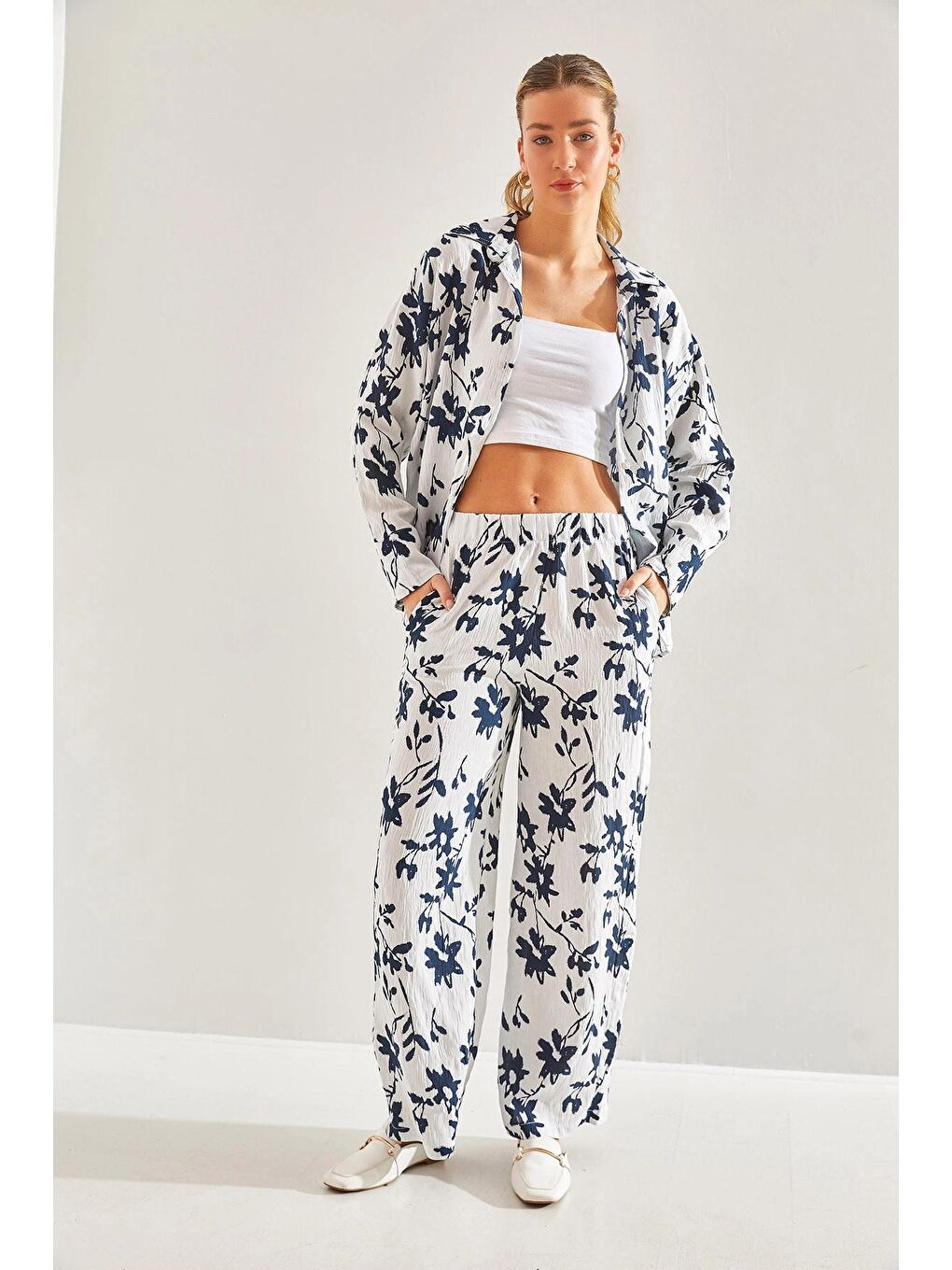 Ekru Kadın Beli Lastikli Pantolonlu Desenli Alt Üst Takım 60181002-2