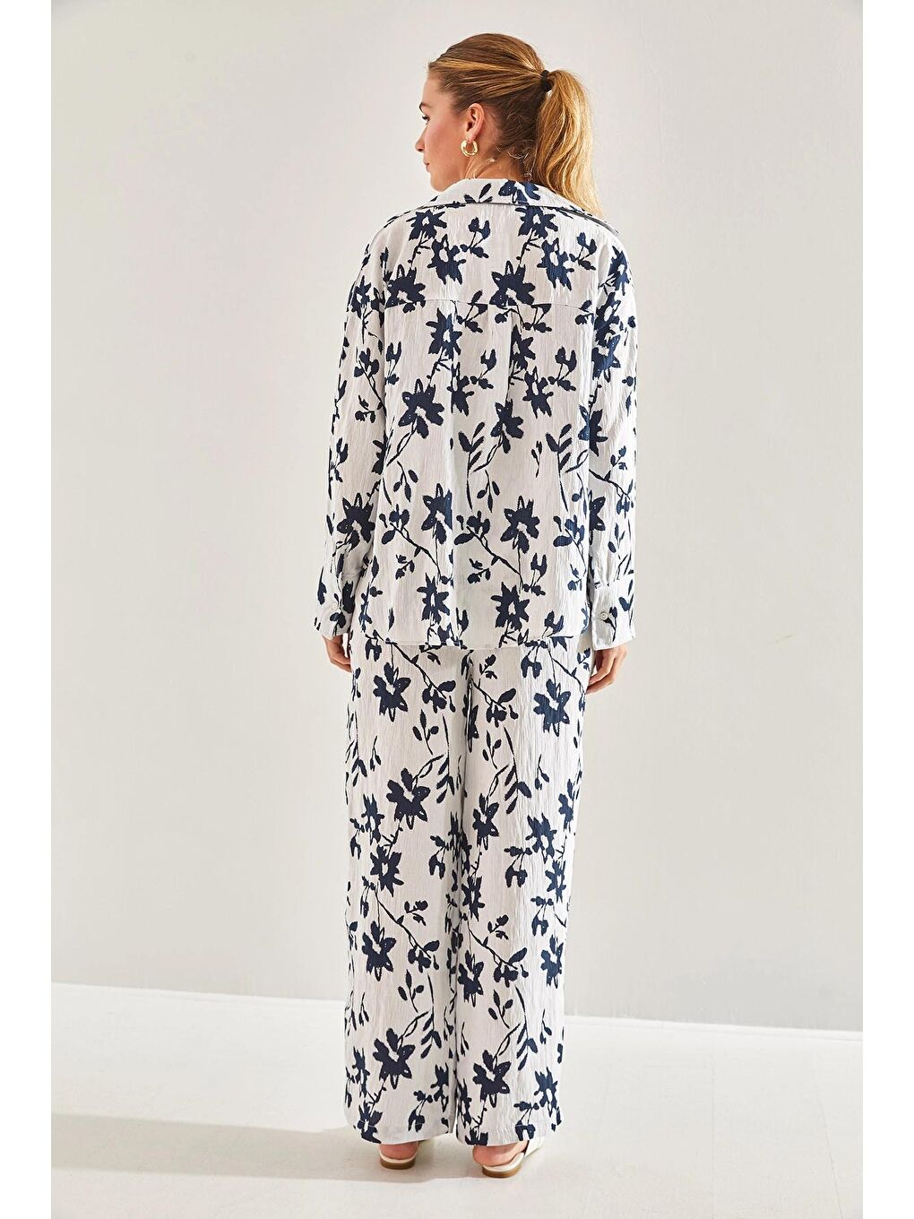 Ekru Kadın Beli Lastikli Pantolonlu Desenli Alt Üst Takım 60181002-3