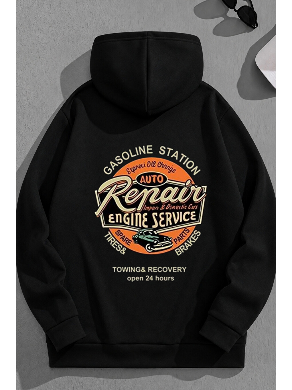 Unisex 3 İplik Pamuklu Siyah Repaires Baskı Bol Kalıp Sweatshirt Hoodie