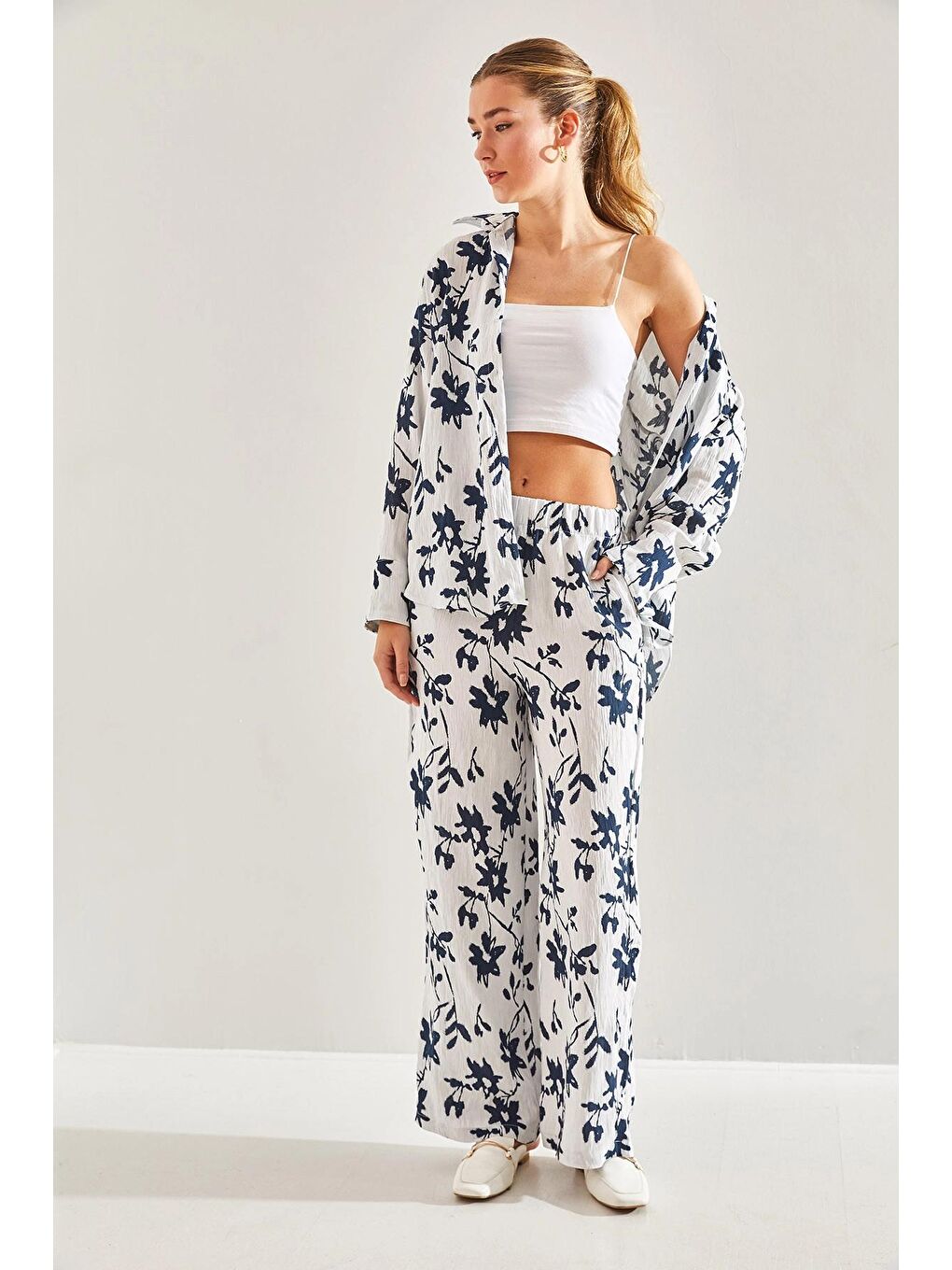 Ekru Kadın Beli Lastikli Pantolonlu Desenli Alt Üst Takım 60181002-4