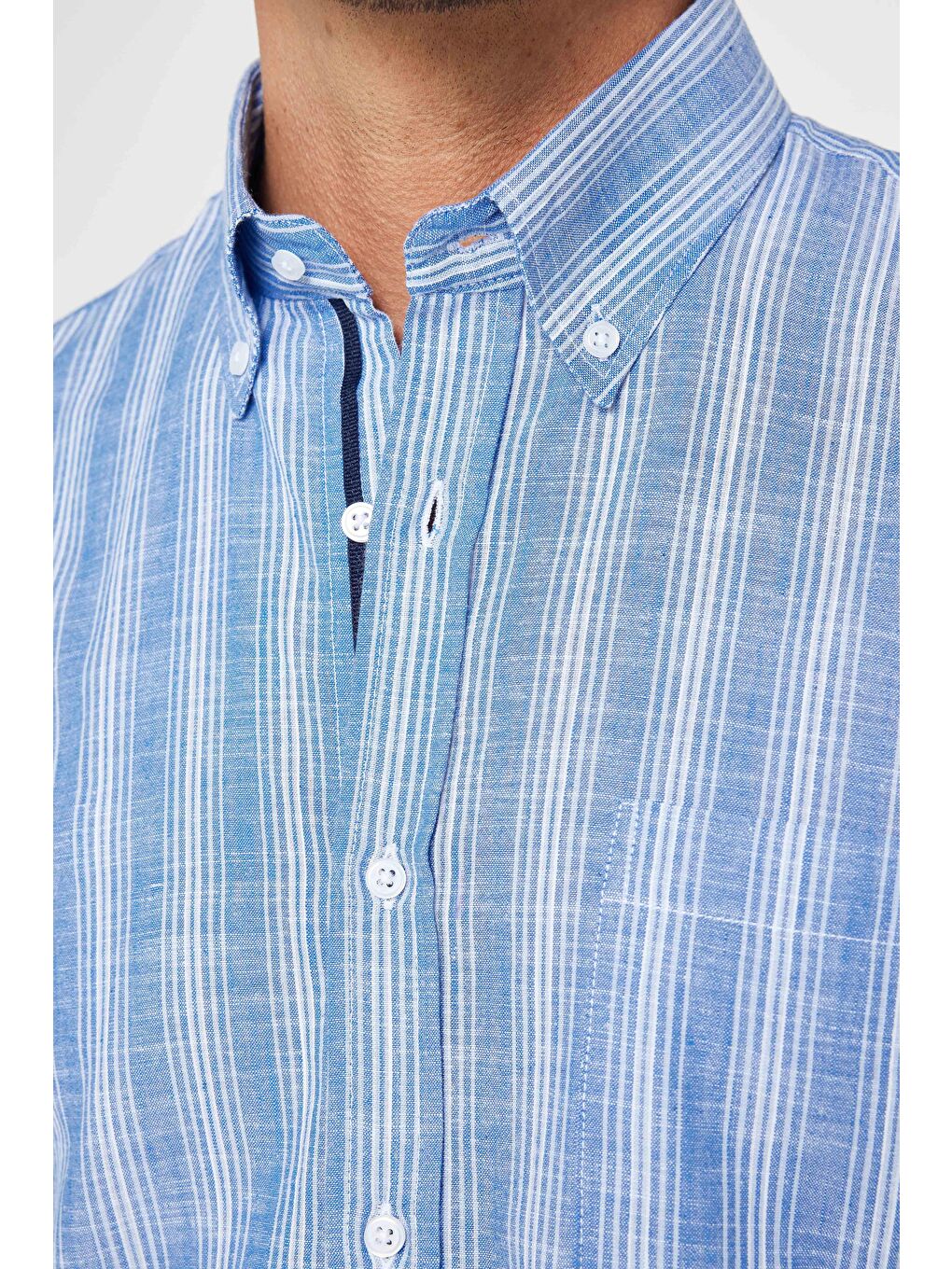 Karışık Erkek Regular Fit Klasik Kesim %100 Pamuk Keten Doku Tek Cepli Çizgili Düğmeli Yaka Gömlek-3