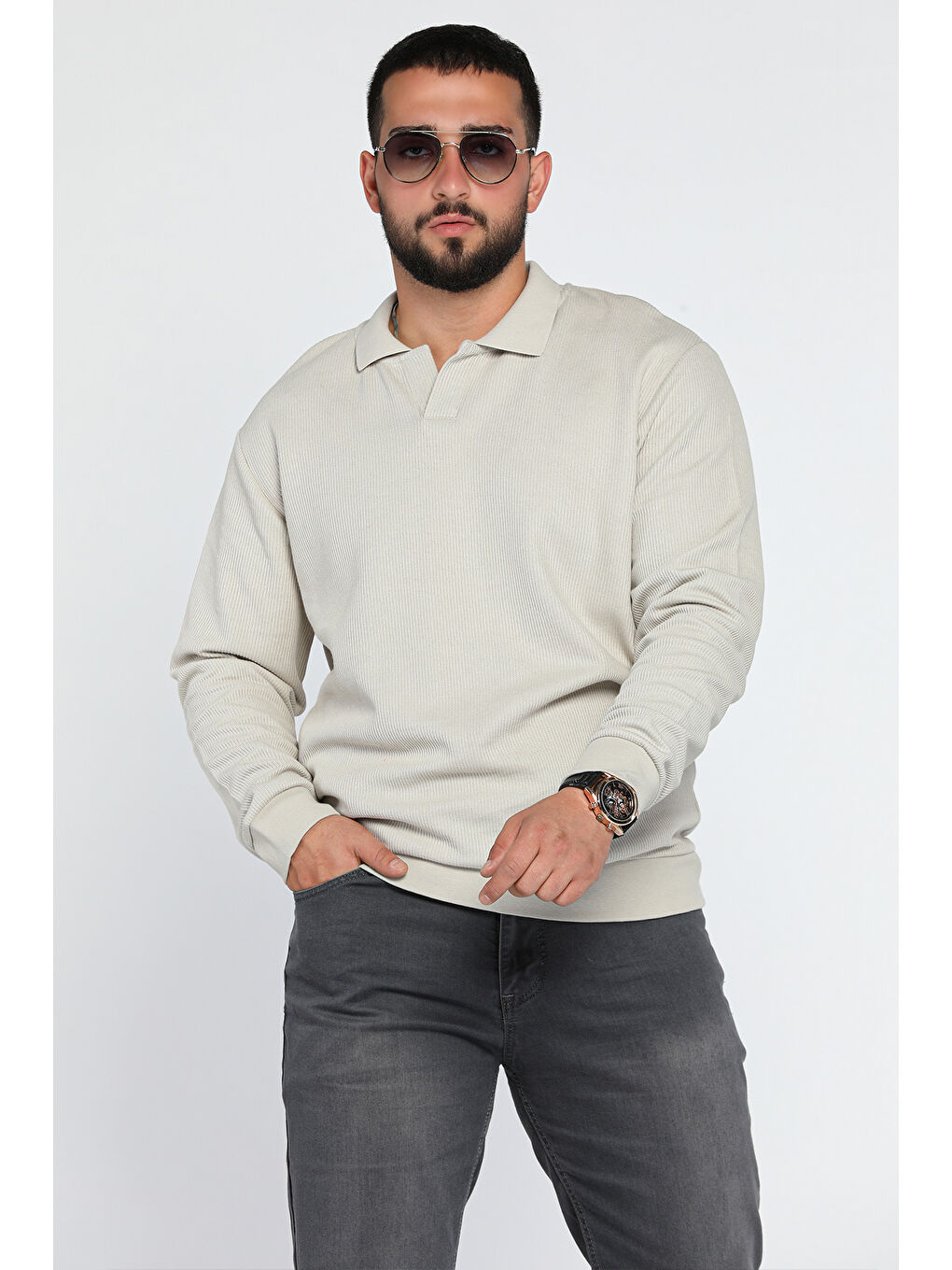 Mishar İtalia Bej Erkek Polo Yaka Kendinden Desenli Sweatshirt