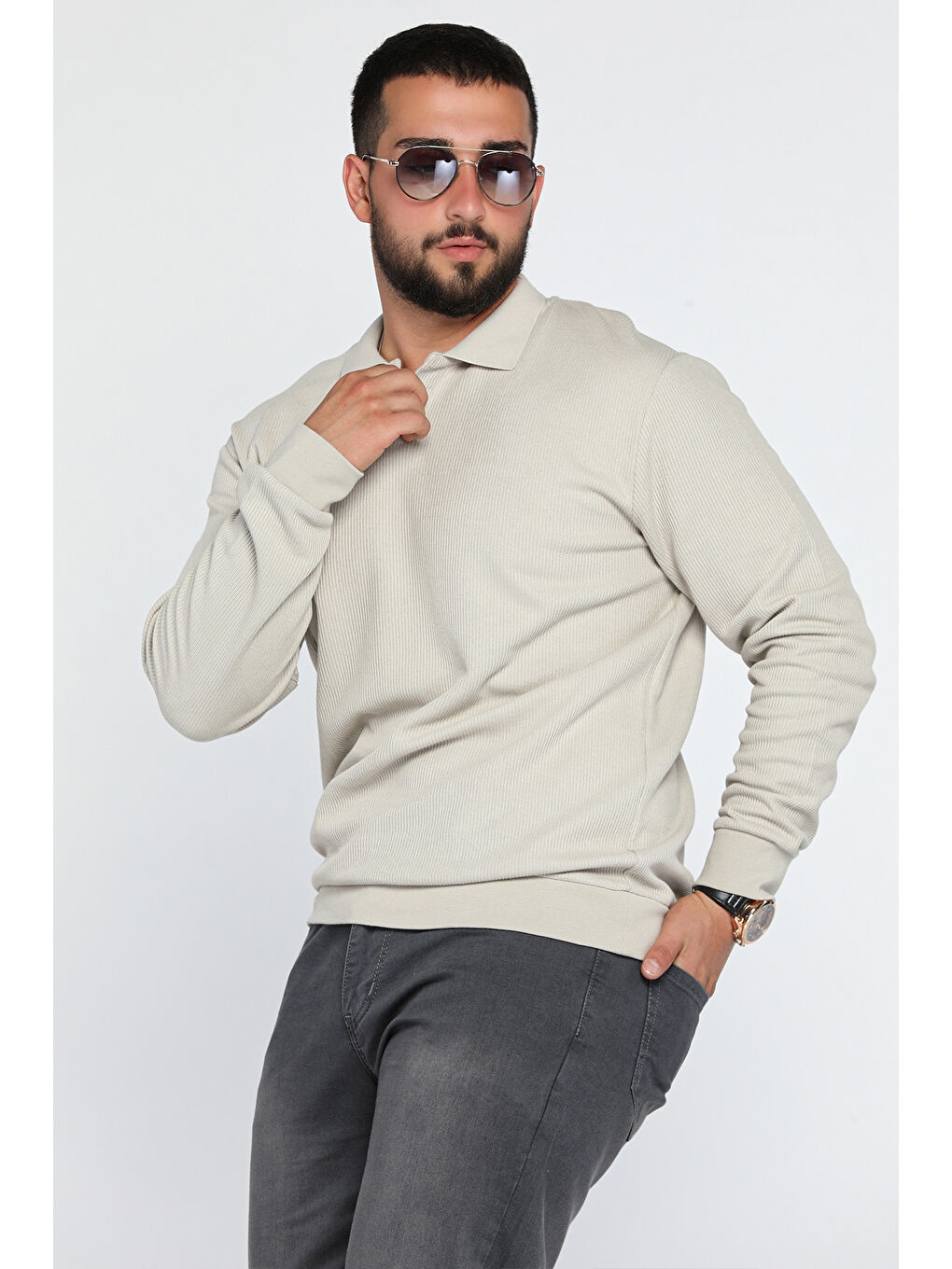 Mishar İtalia Bej Erkek Polo Yaka Kendinden Desenli Sweatshirt - 1