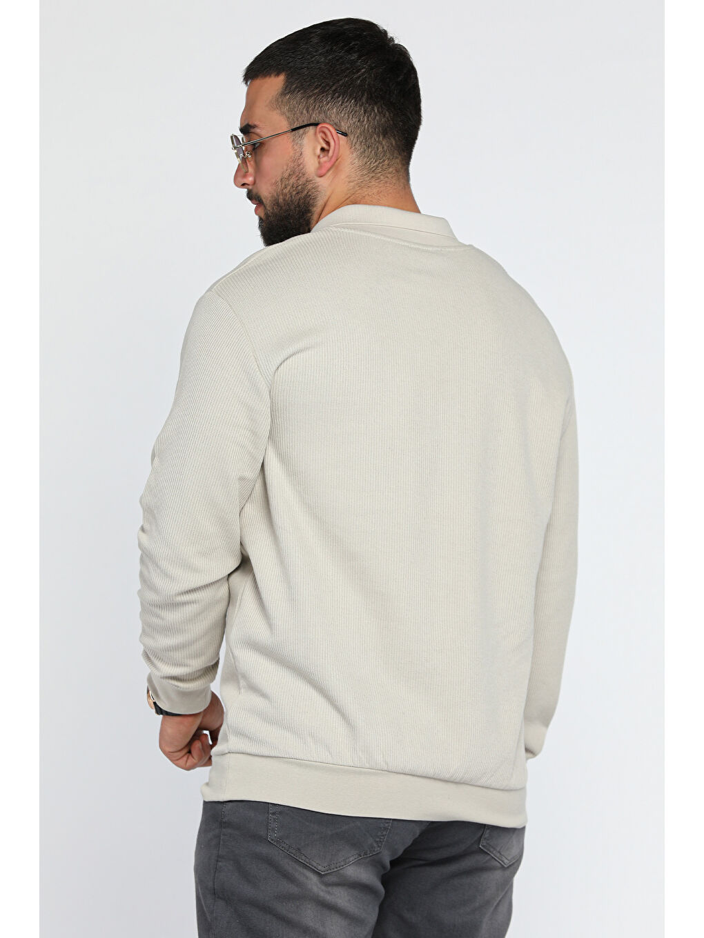 Mishar İtalia Bej Erkek Polo Yaka Kendinden Desenli Sweatshirt - 2