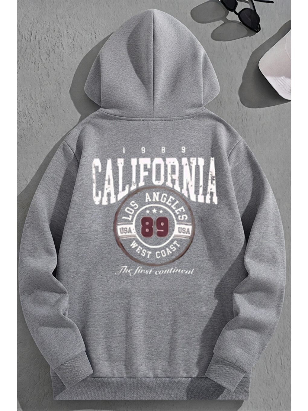 Unisex 3 İplik Pamuklu Gri Calif89 Bol Kalıp Sweatshirt Hoodie