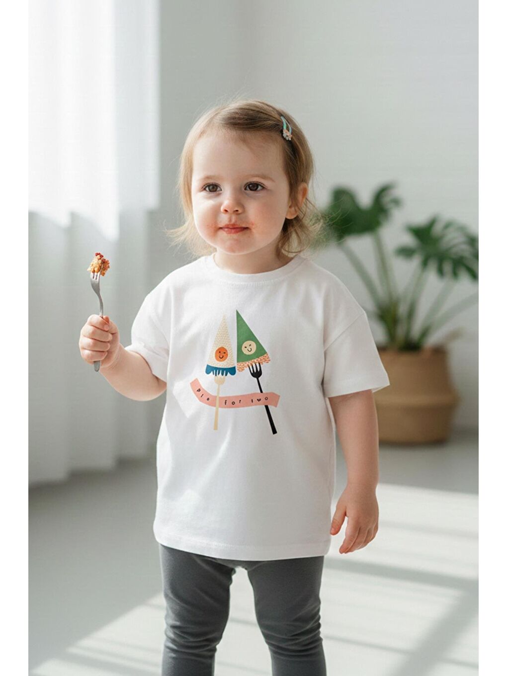 Ekru Kız Çocuk Pamuklu Baskılı T-Shirt Ve Antrasit Fitilli Tayt 2'Li Takım-1