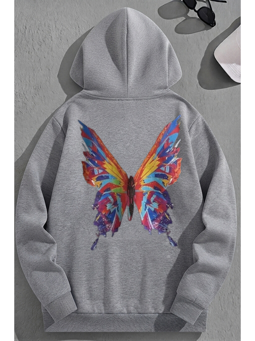 Unisex 3 İplik Pamuklu Gri Renklikelebek Baskı Bol Kalıp Sweatshirt Hoodie