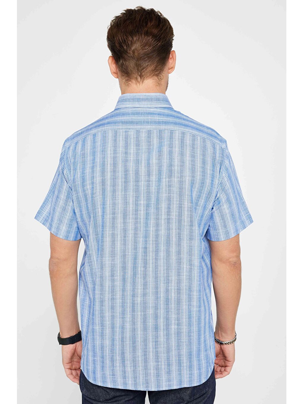 Karışık Erkek Regular Fit Klasik Kesim %100 Pamuk Keten Doku Tek Cepli Çizgili Düğmeli Yaka Gömlek-4