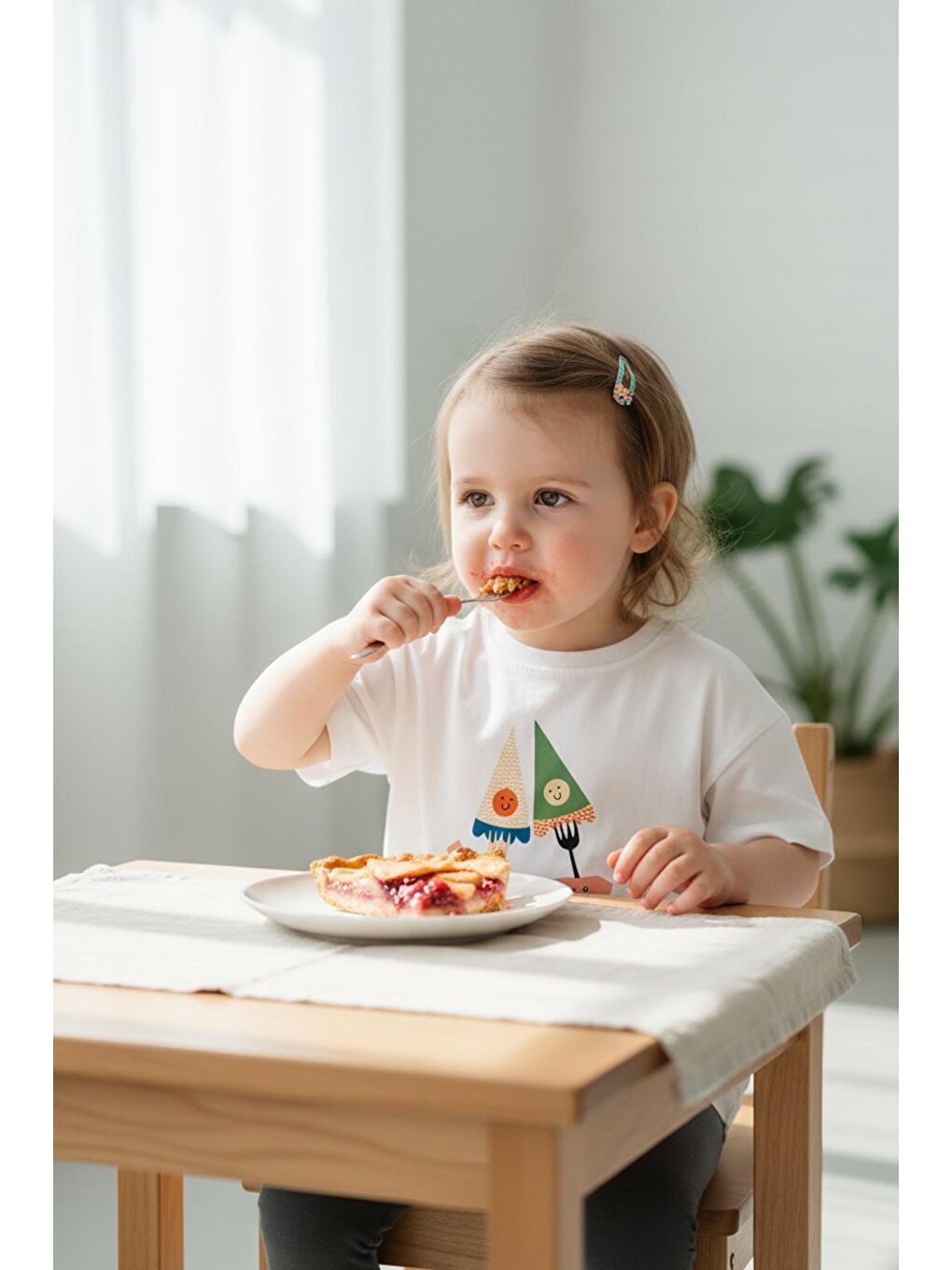 Ekru Kız Çocuk Pamuklu Baskılı T-Shirt Ve Antrasit Fitilli Tayt 2'Li Takım-2