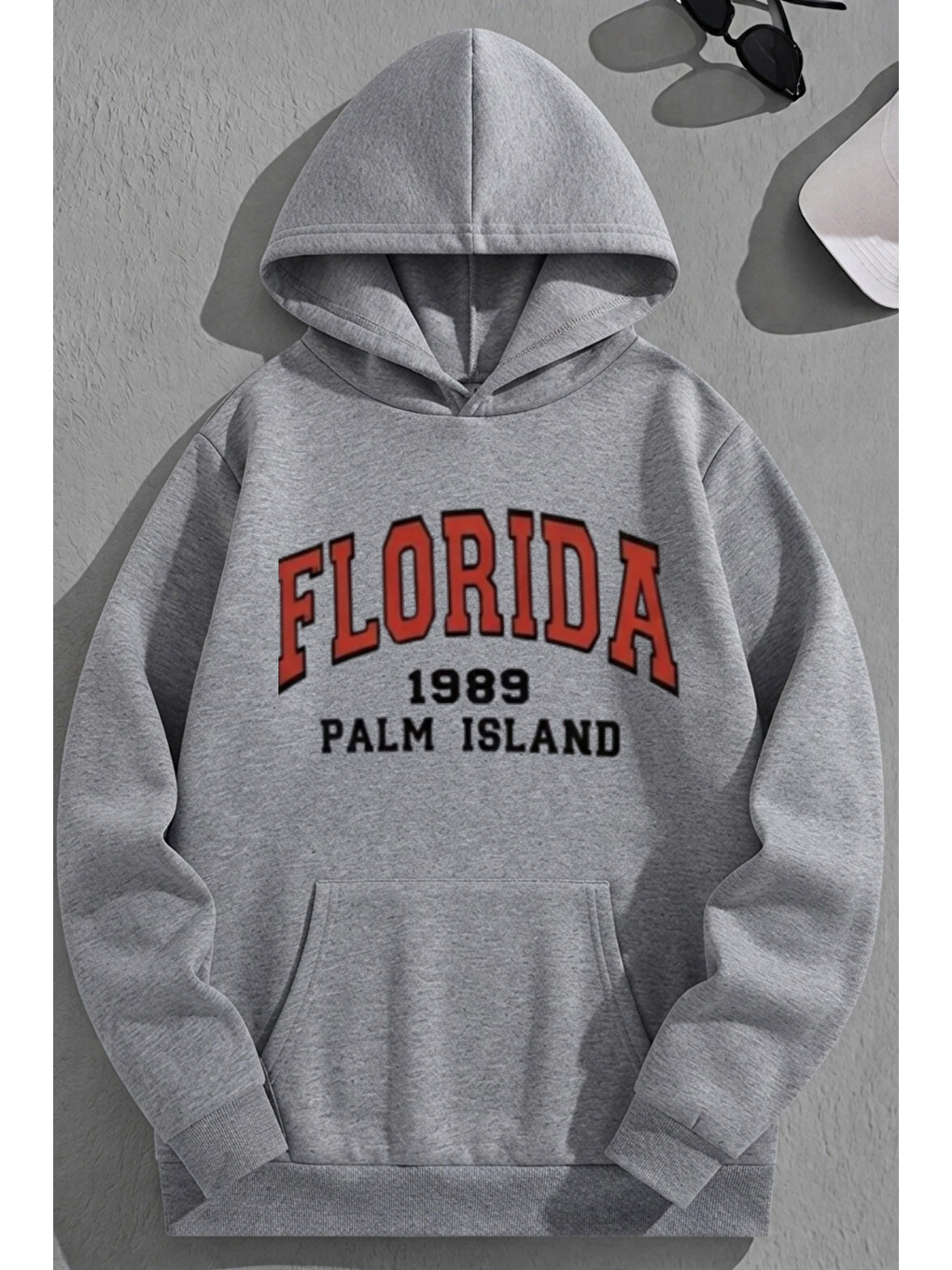 Unisex 3 İplik Pamuklu Gri Florida1989özel Baskı Bol Kalıp Sweatshirt Hoodie