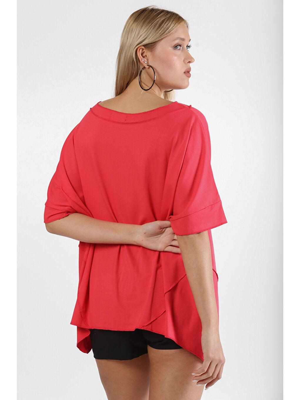 Yanık Turuncu Yuvarlak Yaka Kısa Kol Asimetrik Örme Tişört-1