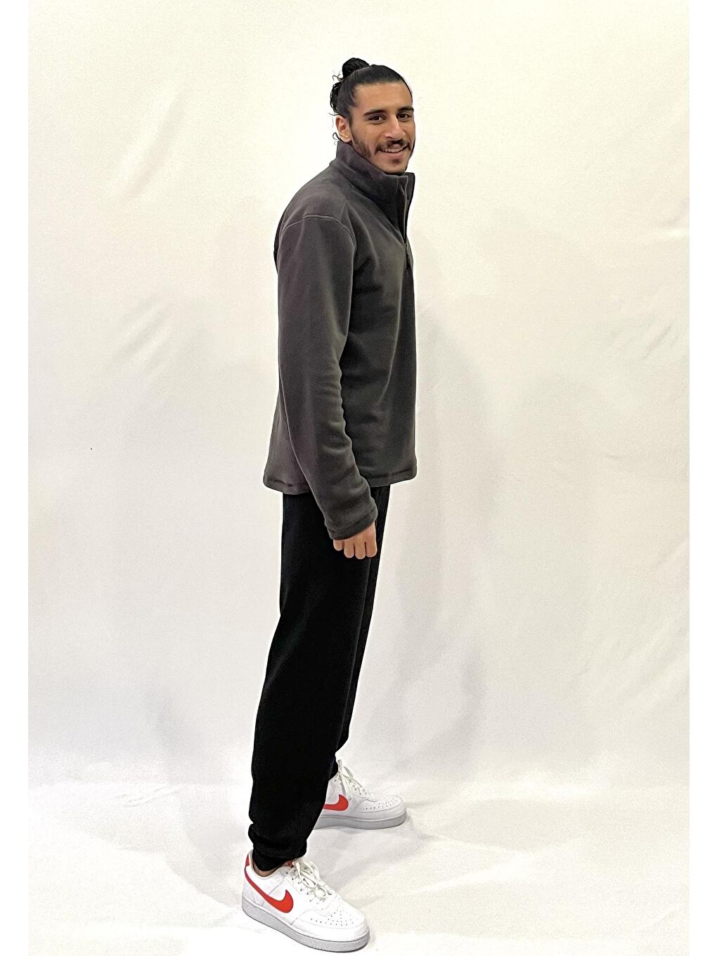 Gri Erkek Rahat Kalıp Softech Polar Yarım Fermuarlı Sweatshırt spr24pw20-1