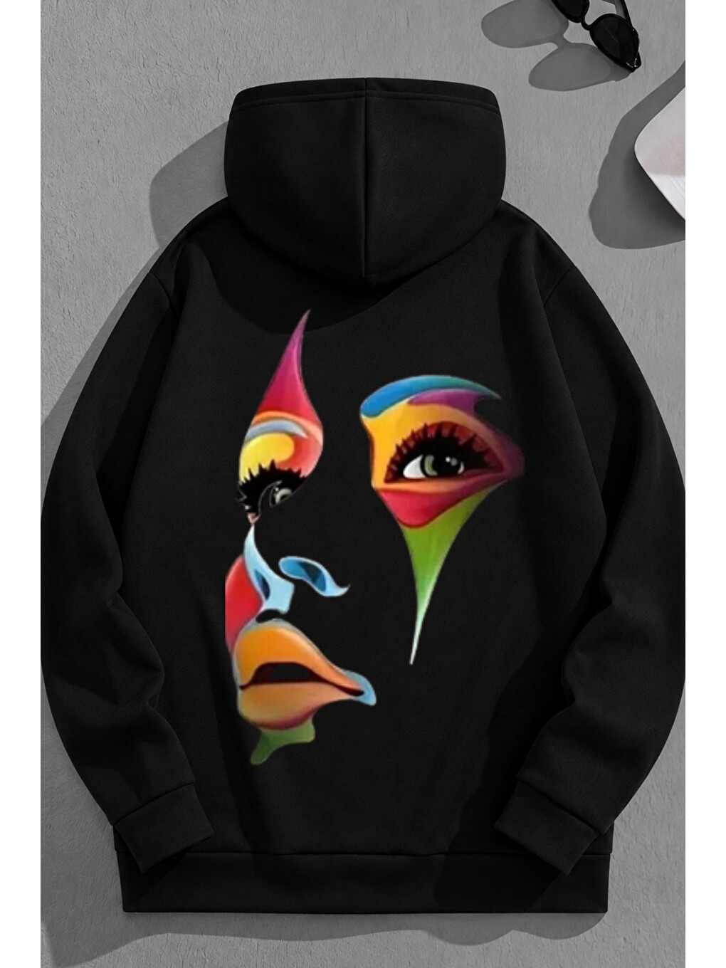 Unisex 3 İplik Pamuklu Siyah Renkliyüz Baskı Bol Kalıp Sweatshirt Hoodie