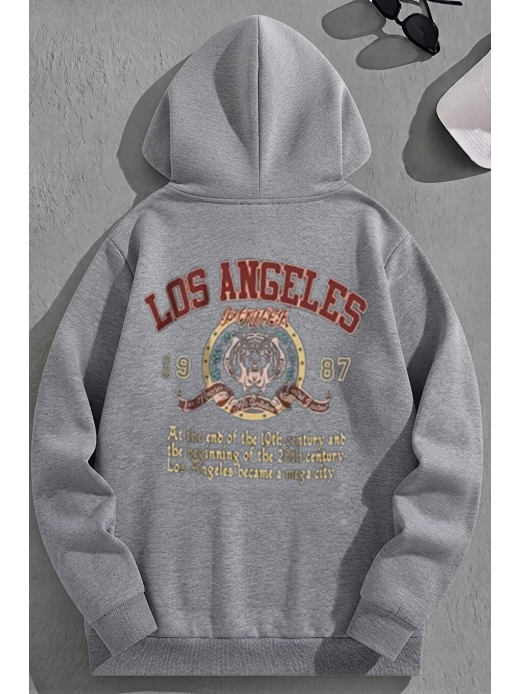 Unisex 3 İplik Pamuklu Gri Losangeles1987 Baskı Bol Kalıp Sweatshirt Hoodie
