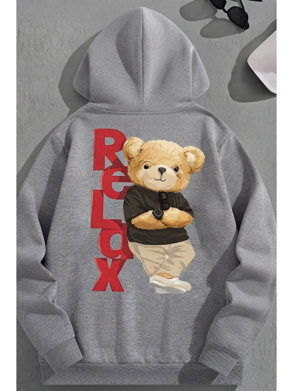 Unisex 3 İplik Pamuklu Gri Relaxbear Baskı Bol Kalıp Sweatshirt Hoodie