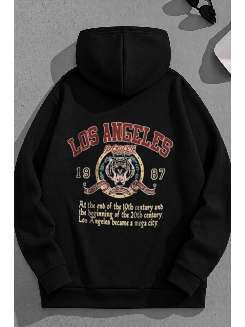 Unisex 3 İplik Pamuklu Siyah Losangeles1987 Baskı Bol Kalıp Sweatshirt Hoodie
