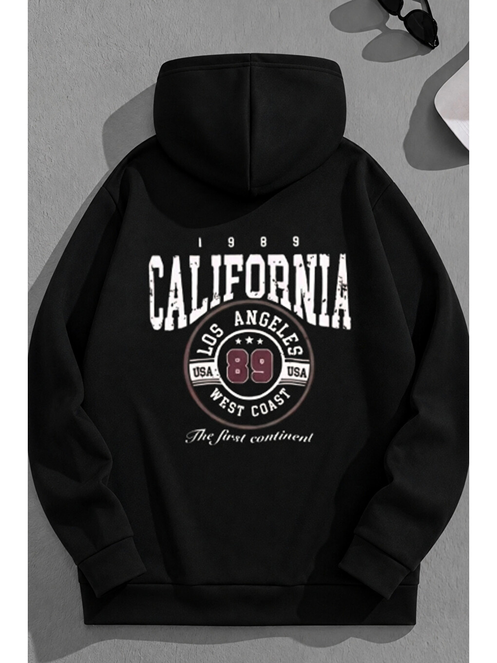 Unisex 3 İplik Pamuklu Siyah Calif89 Bol Kalıp Sweatshirt Hoodie