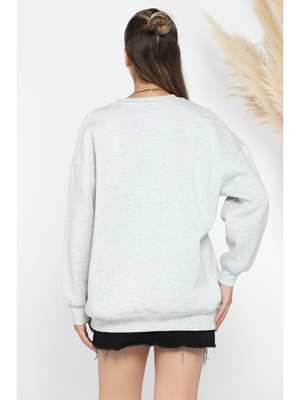 GÜLSELİ Gri Kadın Nakışlı Şardonlu Oversize Üç İplik Sweatshirt - 2