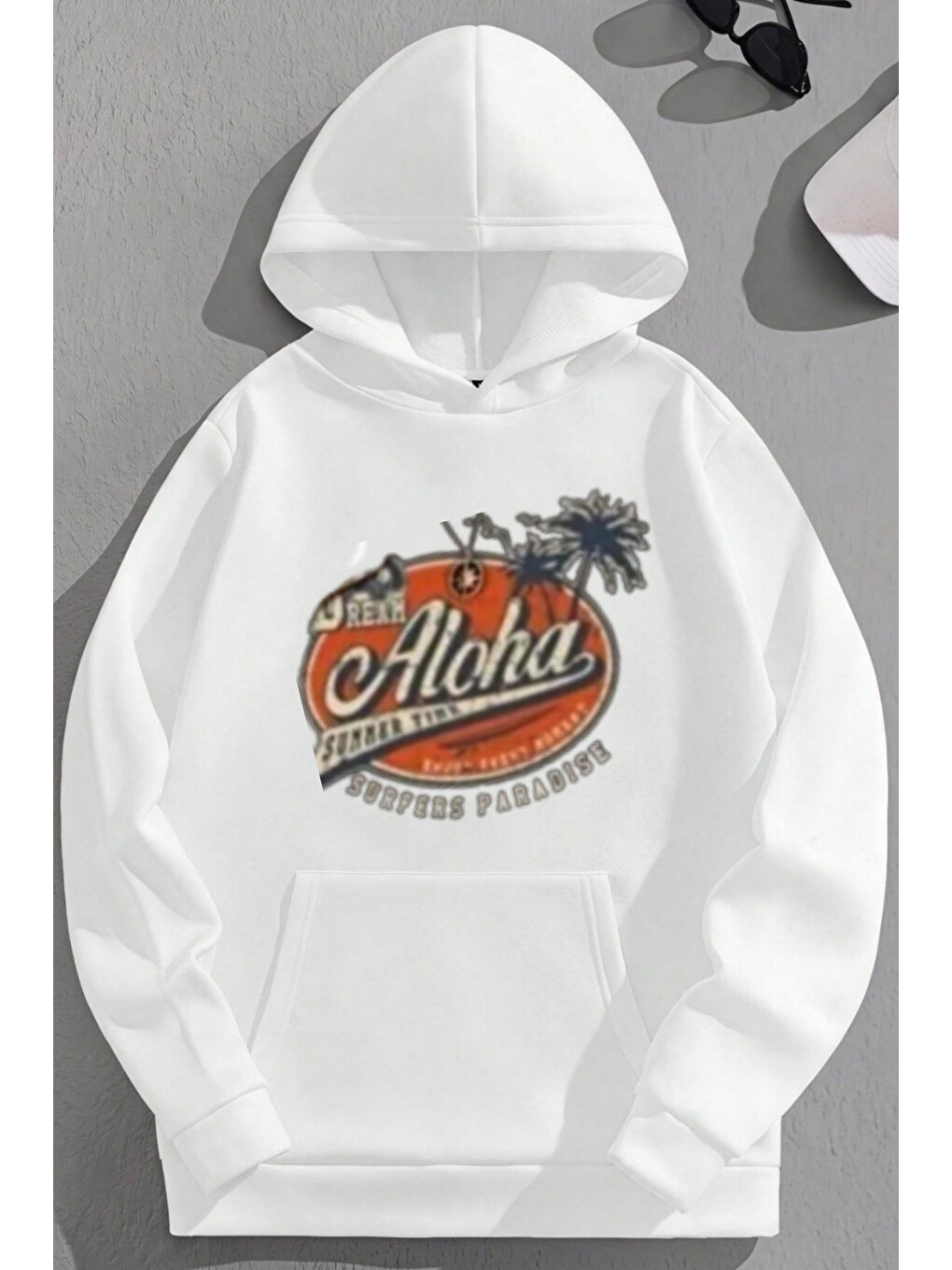 Unisex 3 İplik Pamuklu Beyaz Aloha Bol Kalıp Sweatshirt Hoodie