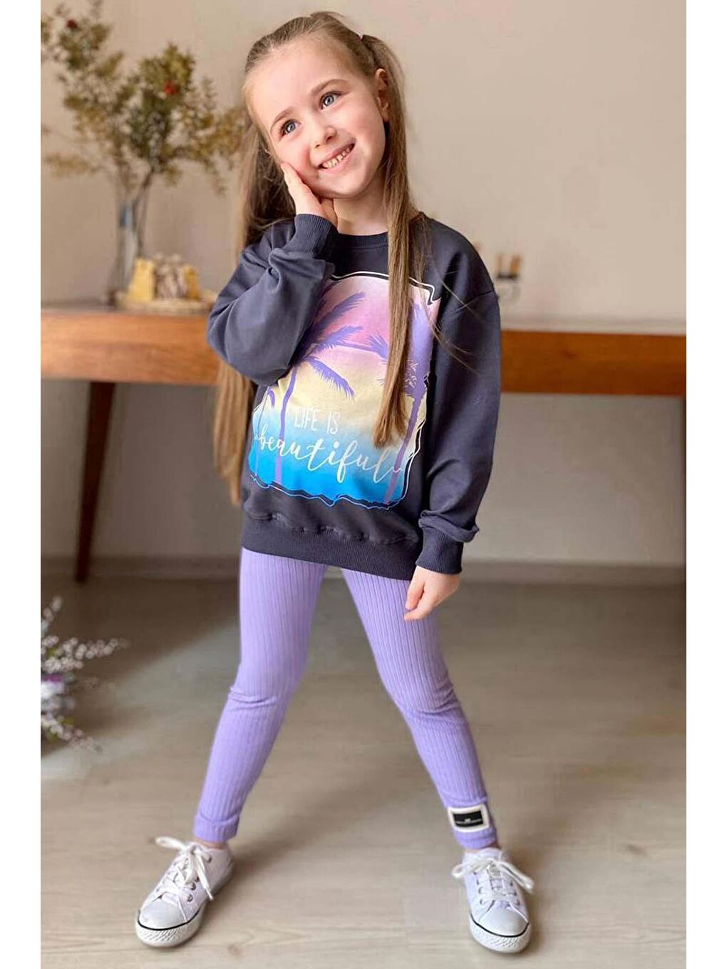 Kız Çocuk Palmiye ve Yazı Baskılı Kazak Fitilli Mor Taytlı Takım