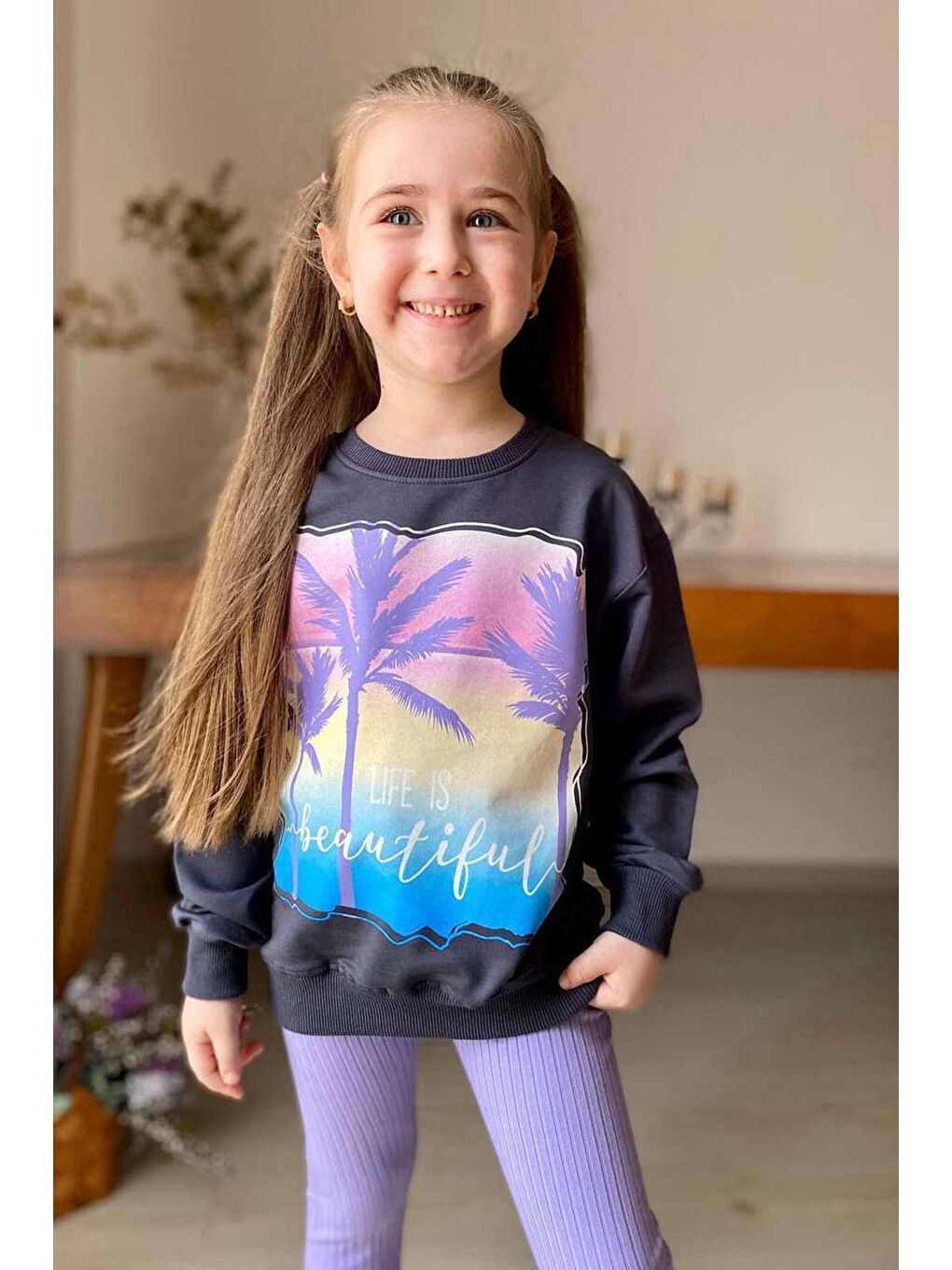 Kız Çocuk Palmiye ve Yazı Baskılı Kazak Fitilli Mor Taytlı Takım-1