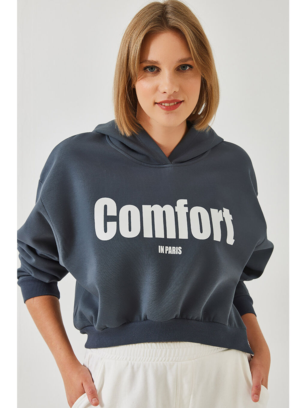 SHADE Antrasit Kadın Üç İplik Şardonlu Yanları Fermuarlı Crop Sweatshirt - 4