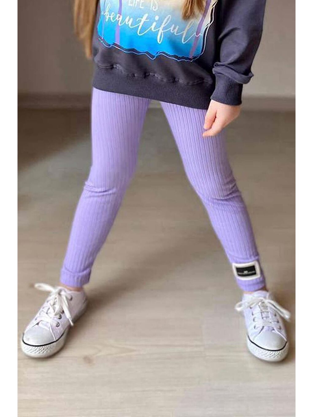 Kız Çocuk Palmiye ve Yazı Baskılı Kazak Fitilli Mor Taytlı Takım-2