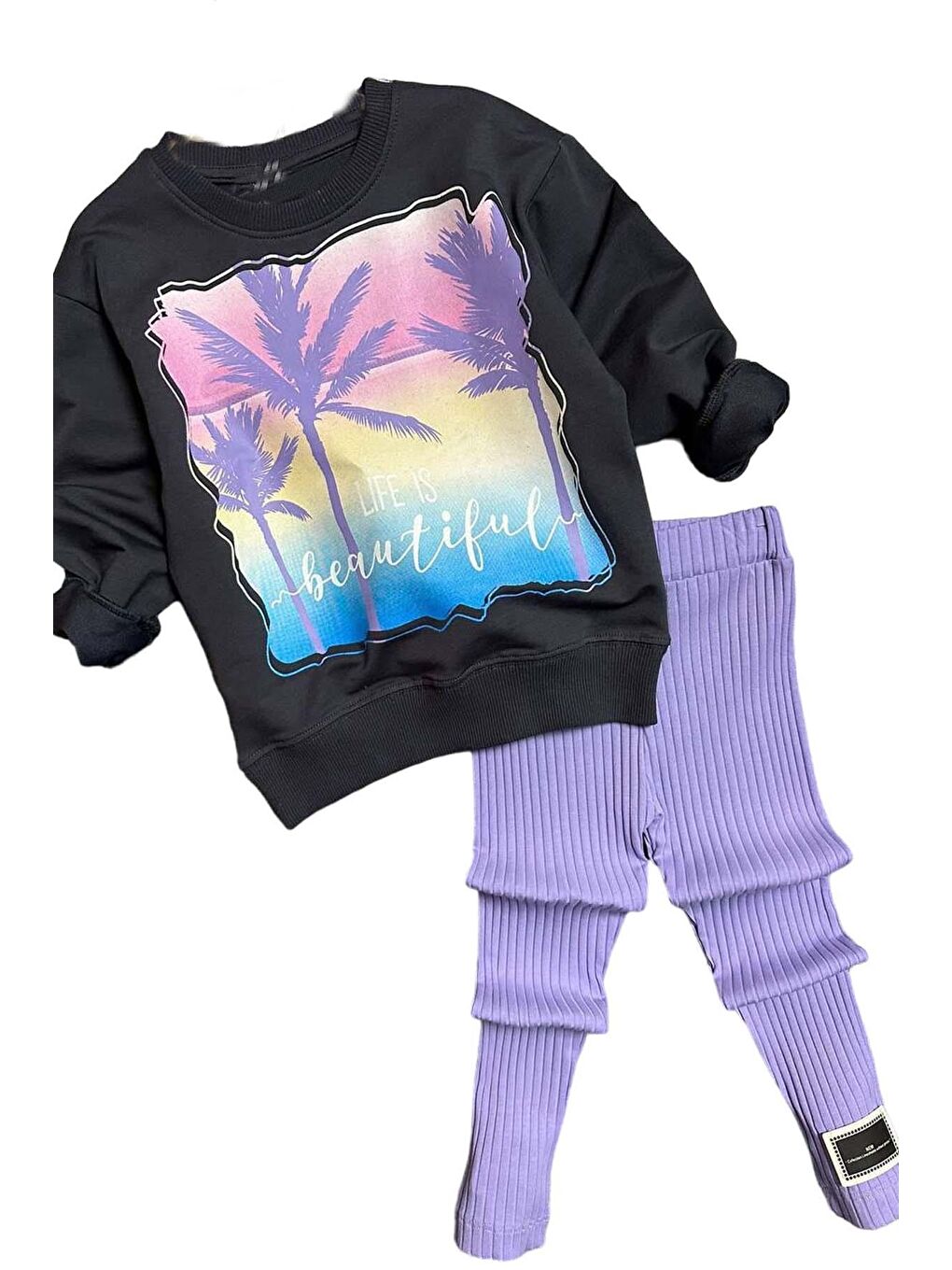 Kız Çocuk Palmiye ve Yazı Baskılı Kazak Fitilli Mor Taytlı Takım-3