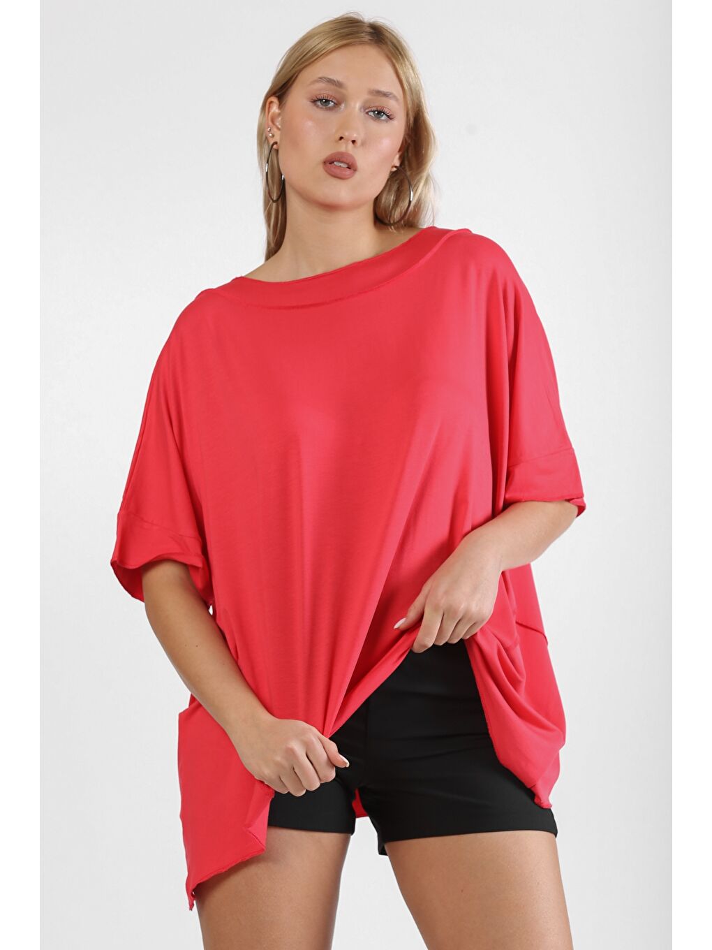 Yanık Turuncu Yuvarlak Yaka Kısa Kol Asimetrik Örme Tişört-3