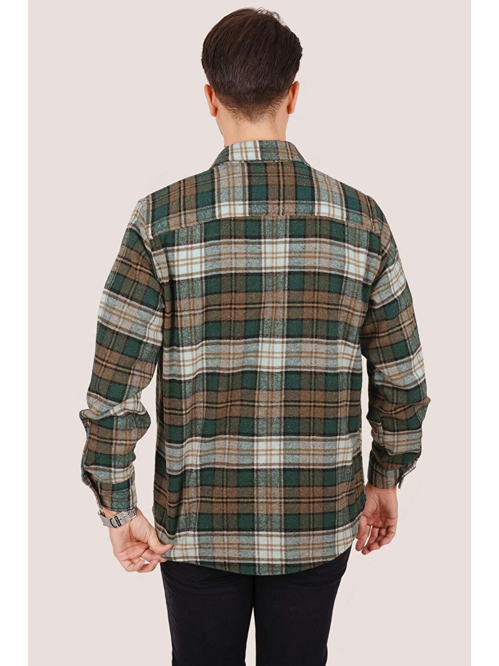 Yeşil Kahve Geçişli Kalın Oversize ( Geniş Kalıp ) Oduncu Gömlek-5