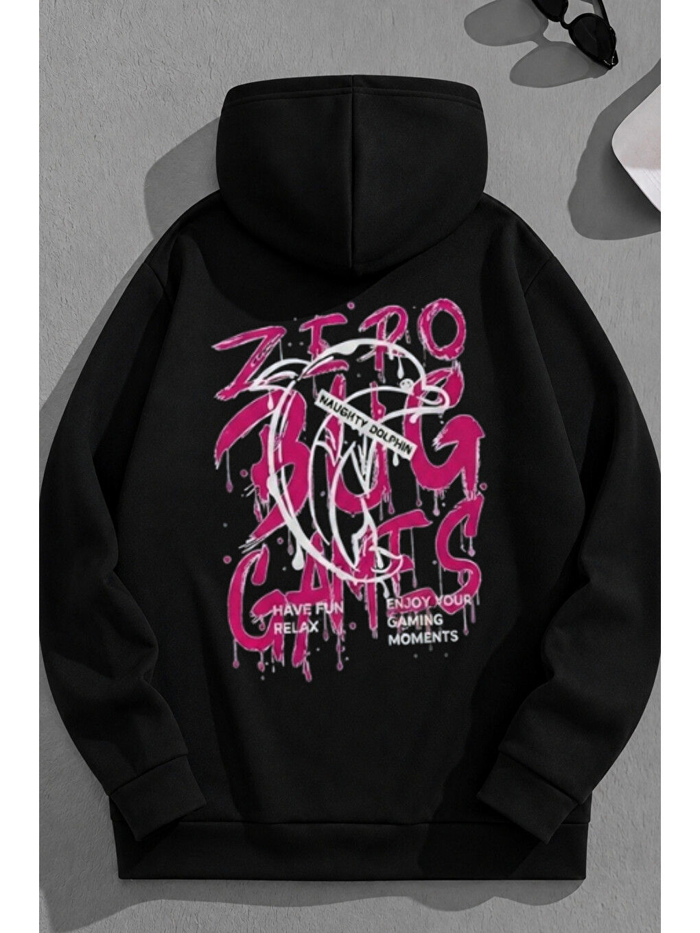 Unisex 3 İplik Pamuklu Siyah Games Bol Kalıp Sweatshirt Hoodie