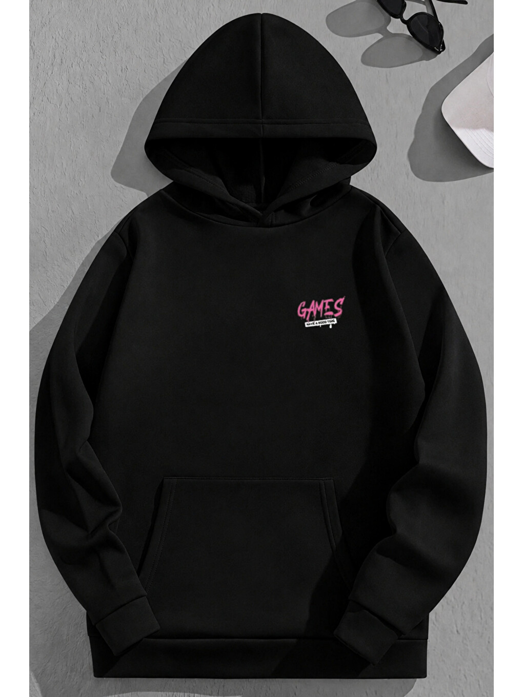 Unisex 3 İplik Pamuklu Siyah Games Bol Kalıp Sweatshirt Hoodie-1