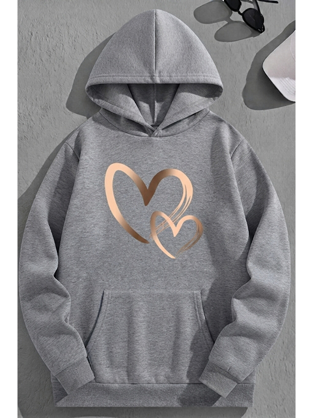 Unisex 3 İplik Pamuklu Gri Goldheart Bol Kalıp Sweatshirt Hoodie