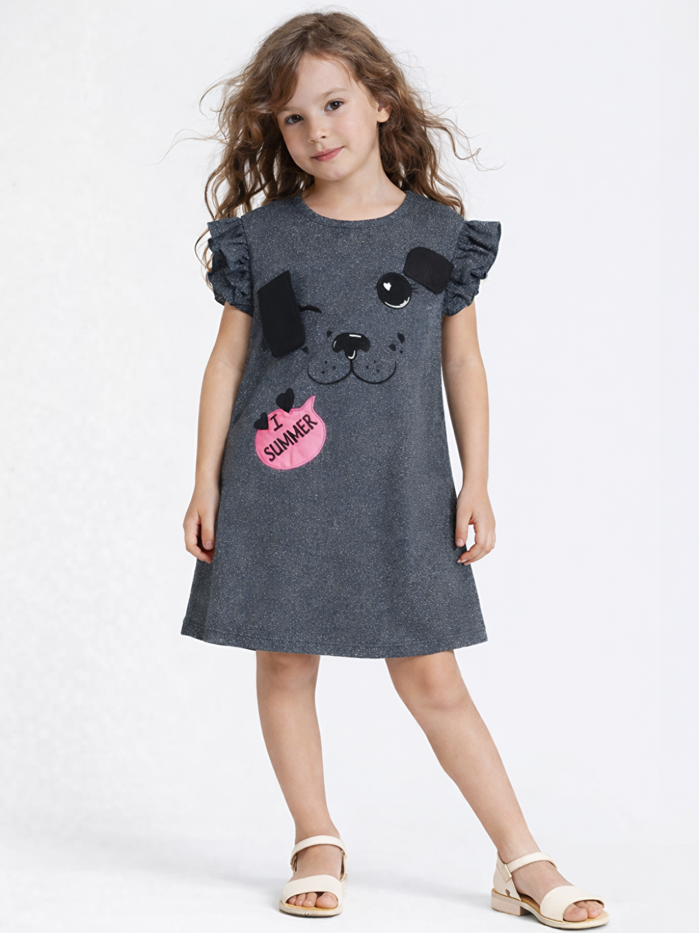 Lacivert Cute Dog Simli Kız Çocuk Elbise