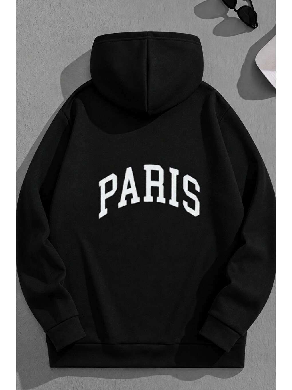 Unisex 3 İplik Pamuklu Siyah Bol Kalıp Kavis Paris Baskı Sweatshirt Hoodie