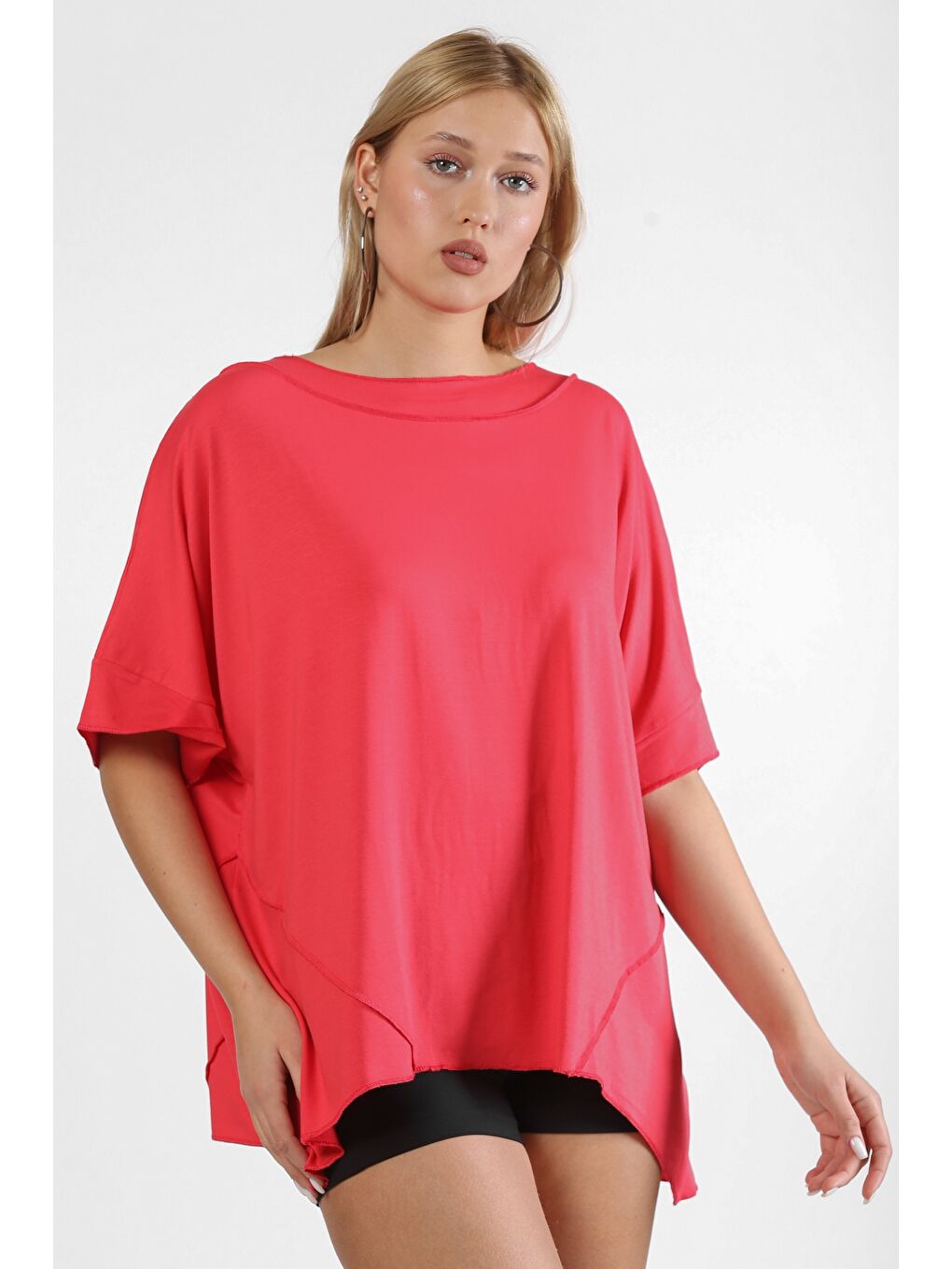 Yanık Turuncu Yuvarlak Yaka Kısa Kol Asimetrik Örme Tişört-4