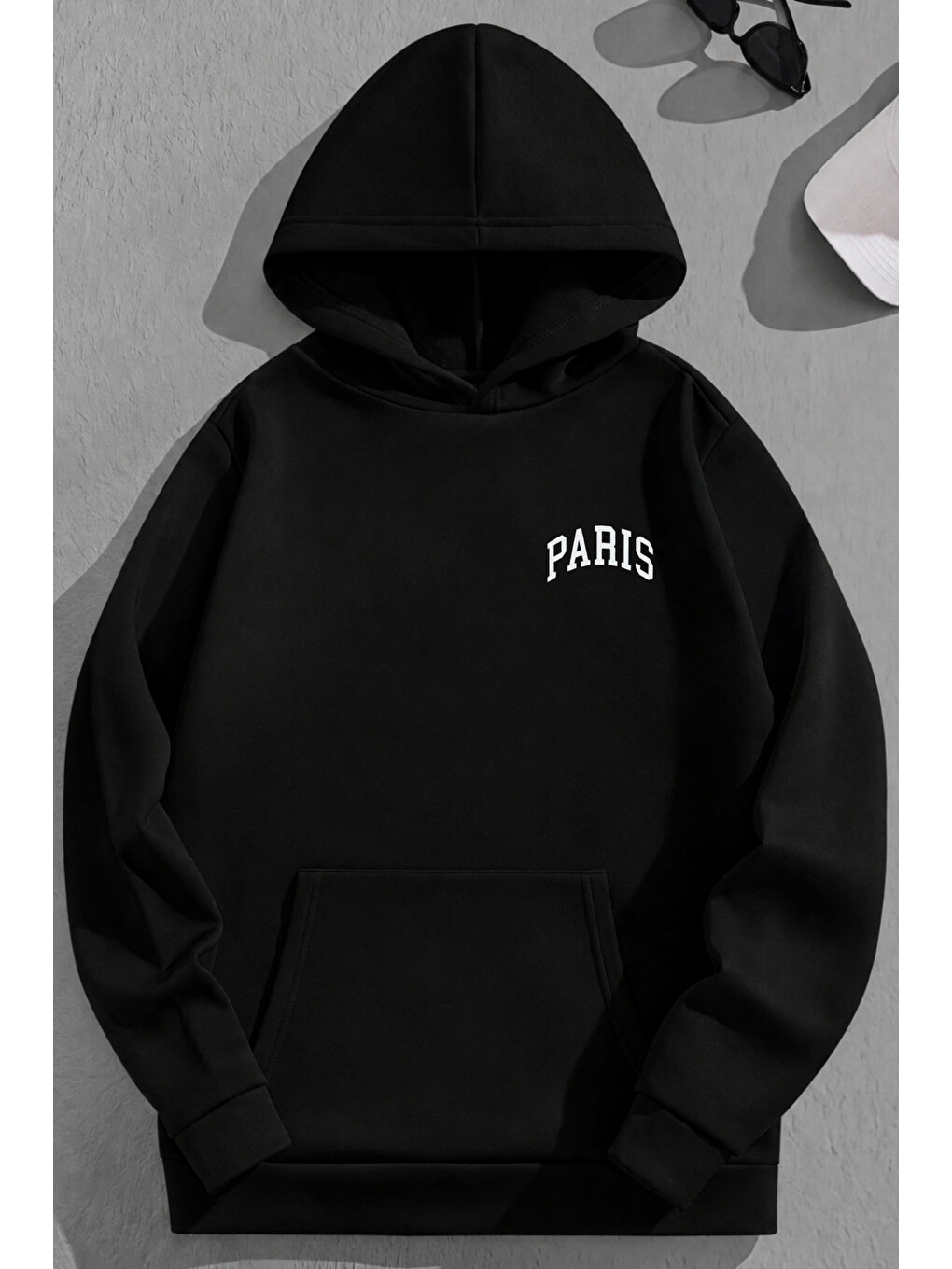 Unisex 3 İplik Pamuklu Siyah Bol Kalıp Kavis Paris Baskı Sweatshirt Hoodie-1