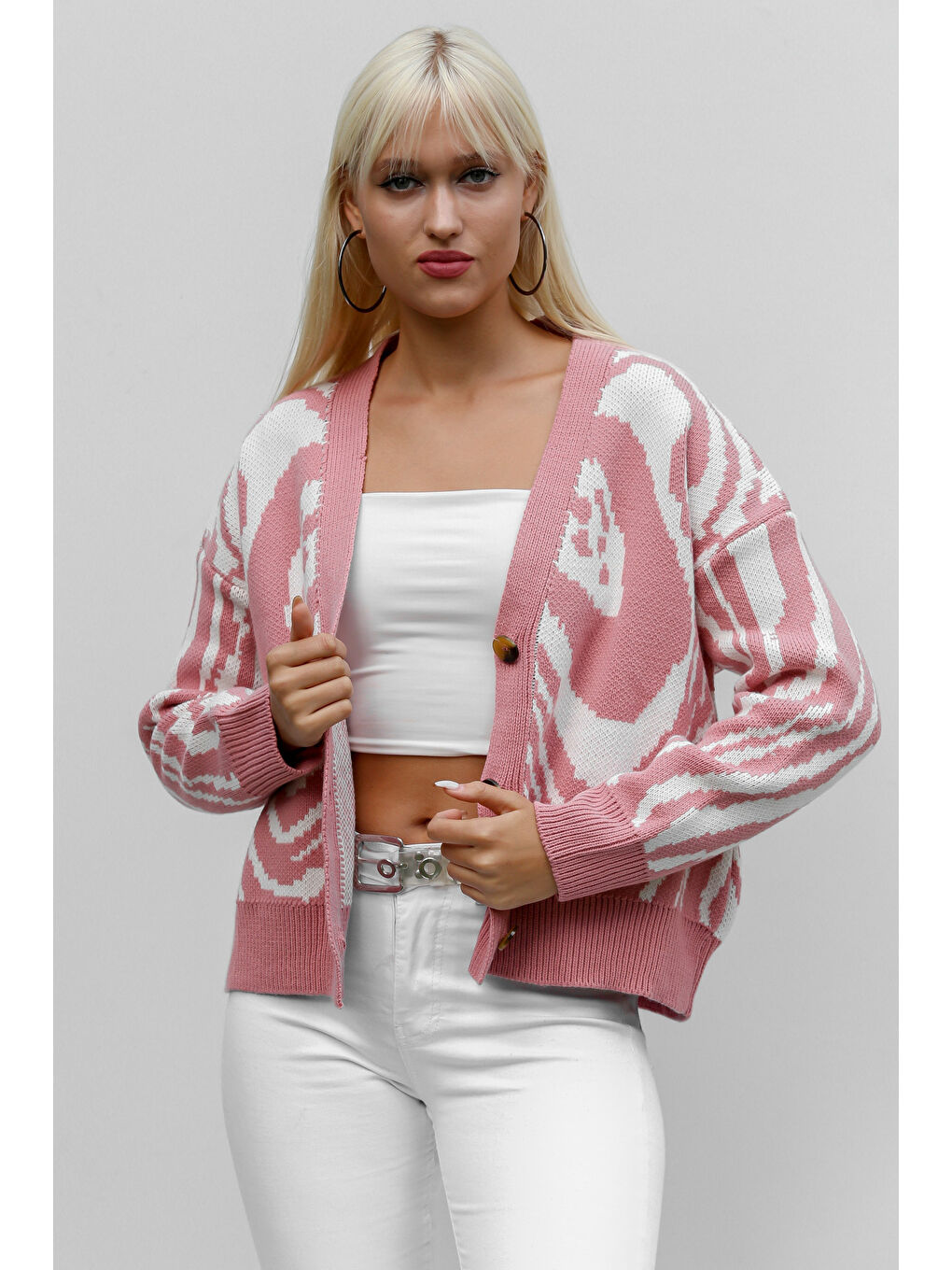 Chiccy Pembe Kadın Pudra Uzun Kol Düğmeli Midi Oversize Akrilik Triko Hırka - 4