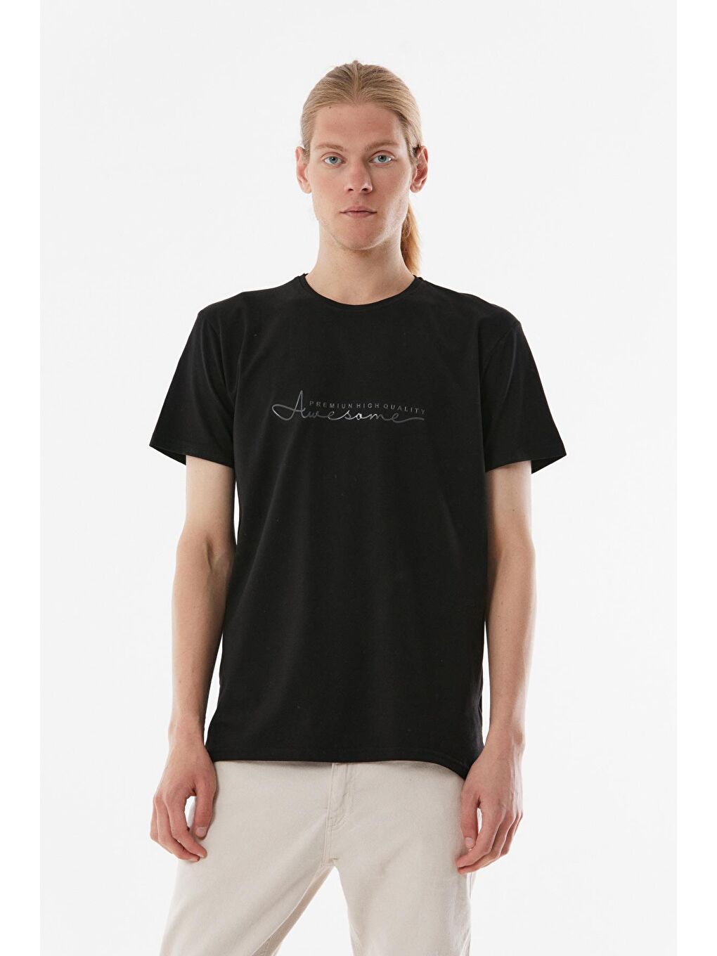 Siyah Baskılı Bisiklet Yaka Tişört-4