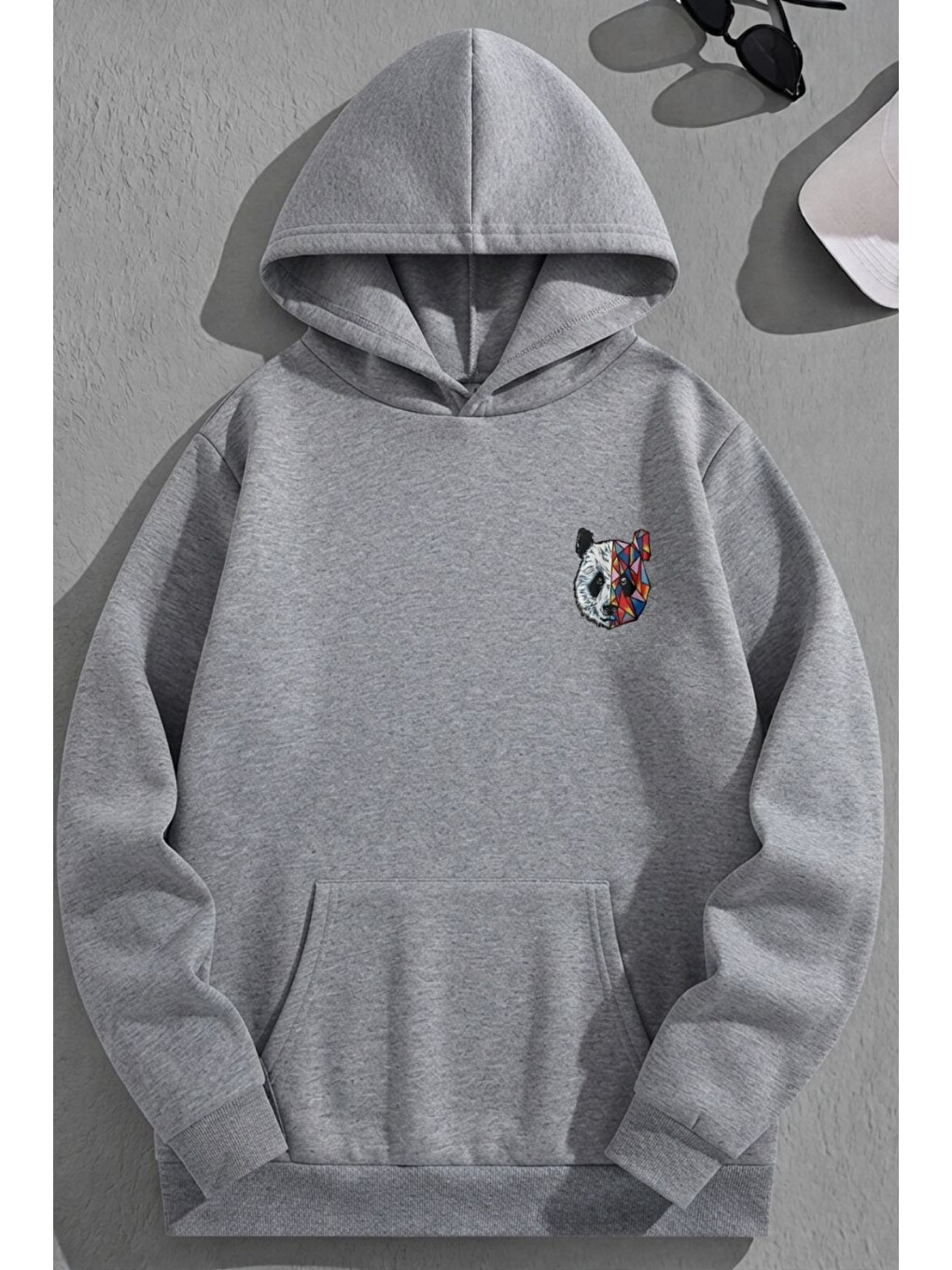 Unisex 3 İplik Pamuklu Gri Bol Kalıp Colorful Bear Baskı Sweatshirt Hoodie-1