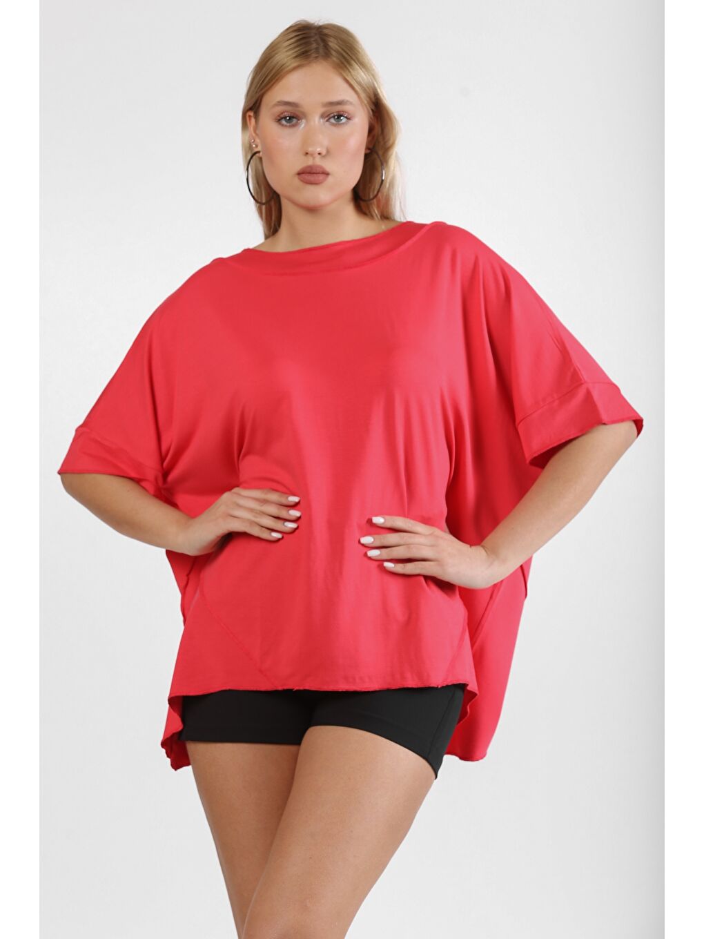 Yanık Turuncu Yuvarlak Yaka Kısa Kol Asimetrik Örme Tişört-5