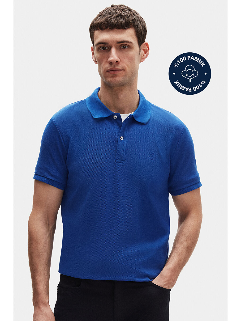 Regular Fit Saks Mavi %100 Pamuklu Uzun Ömürlü Kıvrılmaz Polo Yaka Nakışlı Tişört-1