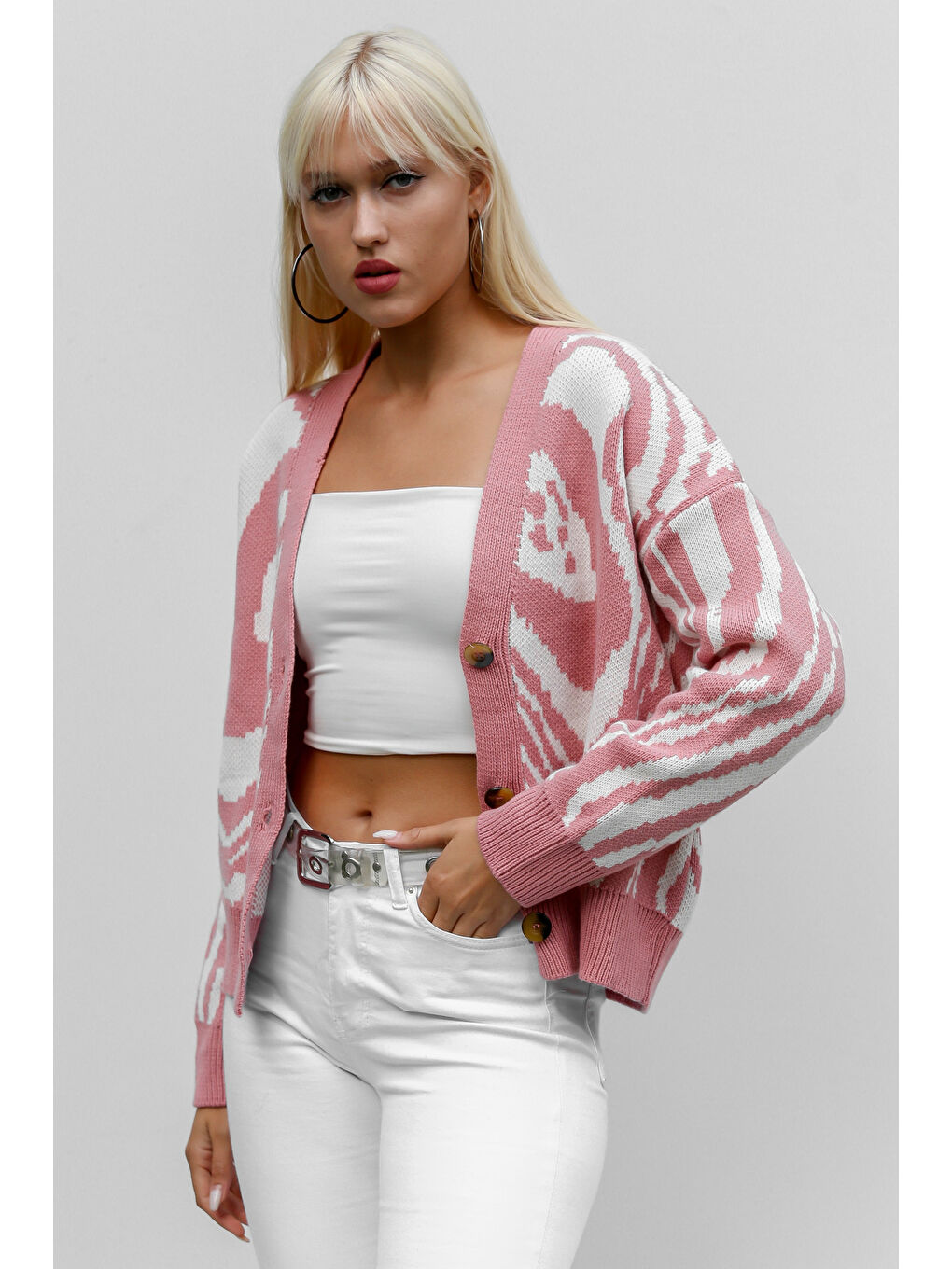 Chiccy Pembe Kadın Pudra Uzun Kol Düğmeli Midi Oversize Akrilik Triko Hırka - 5