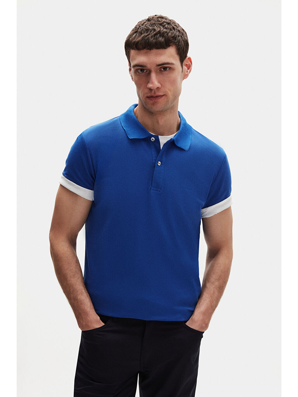 Regular Fit Saks Mavi %100 Pamuklu Uzun Ömürlü Kıvrılmaz Polo Yaka Nakışlı Tişört-5
