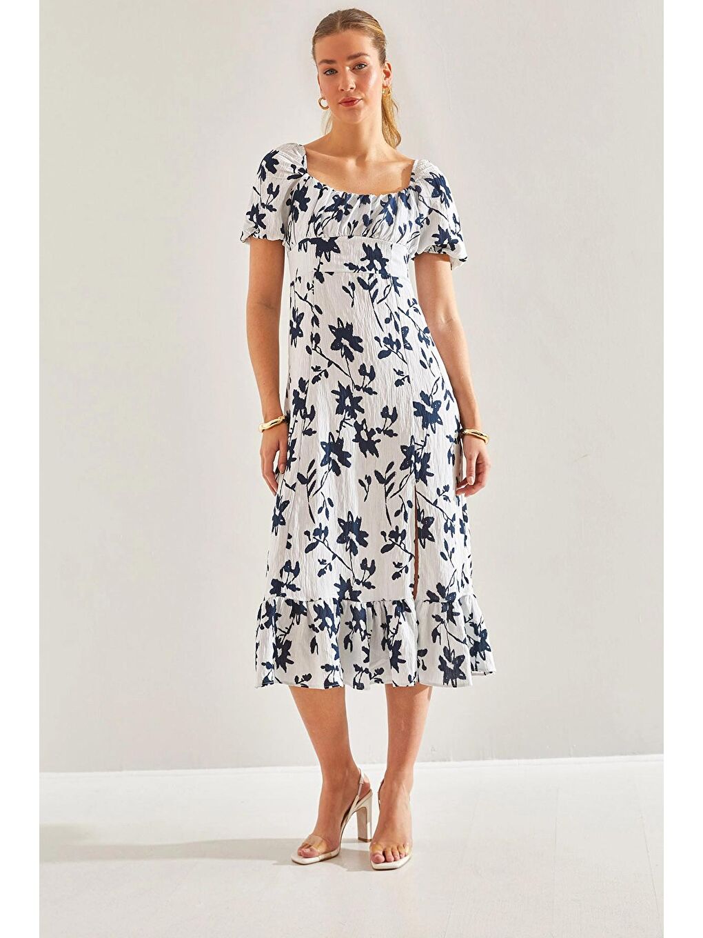 Ekru Kadın Çiçek Desenli Elbise 60181001-2